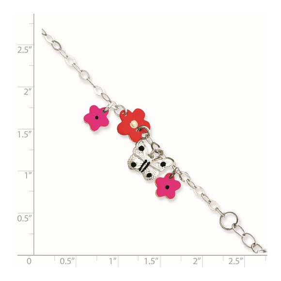 Sterling Silver Multi-color Enameled Floral Butterfly 6" Children's ID Bracelet - Picture 3 of 5